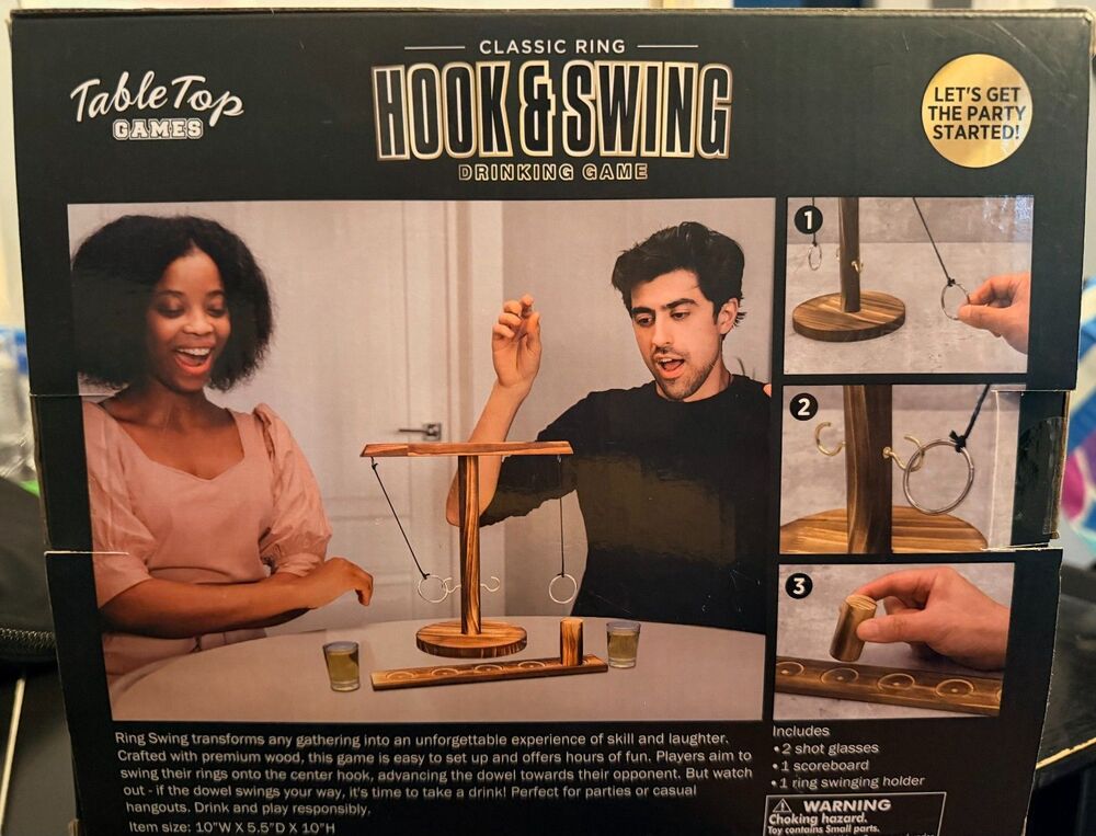 Ring Toss Drinking Game Hook & Swing Wood Bar Party Game w Shot Glasses 21+